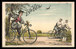 Delcampe - Lithographie Junge Frau Auf Fahrrad Am Kilometerstein 10 Und Gruss All Heil ! - Autres & Non Classés