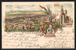 Delcampe - Lithographie Stuttgart, Gesamtansicht Mit Hasenberg, Der Raub Des Hylas, Stiftskirche - Stuttgart