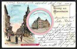 Delcampe - Lithographie Mannheim, Breitestrasse Mit Strassenbahn, Kaiserliches Postamt - Mannheim