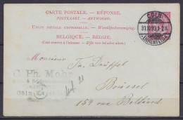 Delcampe - EP CP Réponse 10c Rose (N°46) Càpt CÖLN /31.10.1893/ EHRENFELD Pour BRÜSSEL - Cartoline 1871-1909