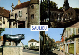 Delcampe - CPSM SAULIEU Fontaine De Caristie église Marché - Saulieu