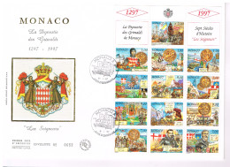 Delcampe - MONACO-bloc " 7 SIECLES D'HISTOIRE - LES SEIGNEURS - DYNASTIE DES GRIMALDI " / Feuillet CEF Premier Jour 08.01.1997 - FDC