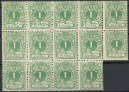 Delcampe - [** SUP] N° 26, 1c Vert En Bloc De 14 - Certains Timbres Avec TB Centrage - Cote: 1110€ - 1869-1883 Leopoldo II