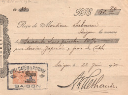 Delcampe - RECU FACTURE SAIGON 1930 TIMBRE FISCAL INDOCHINE FRANCAISE Hotel De La Rotonde - Autres & Non Classés