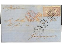 Delcampe - ESPAÑA. 1866. BILBAO A GUAYAQUIL (Ecuador). 20 Cts. Lila (2). Circulada Via Inglaterra Y Panama. Ed.85(2). - Altri & Non Classificati