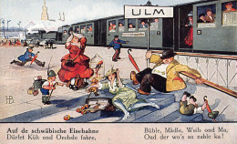Delcampe - B046 Auf De Schwaebische Eisebahne Train Ulm Station Fall People Comic Postcard - Ohne Zuordnung