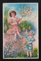 Delcampe - Mädchen Rosa Blaue Kleider Mauer Blühende Zweige Frühling, Leutkirch 10.3.1925 - Halt Gegen Das Licht/Durchscheink.