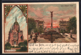 Delcampe - Lithographie Berlin-Kreuzberg, Heil. Kreuz-Kirche, Belle Alliance-Platz Im Abendlicht - Kreuzberg