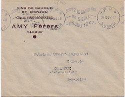 Delcampe - 48292# NON SIGNALE LETTRE PP * SAUMUR 16 NOV 1948 BUVEZ LE GRAND VIN DU SIECLE ANJOU 1947 MAINE ET LOIRE PORT PAYE VINS - Oblitérations Mécaniques (flammes)