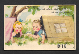 Delcampe - 26 - DIE - CARTE A SYSTEME ILLUSTREE AVEC DEPLIANT - ENFANTS EN CAMPING - Die