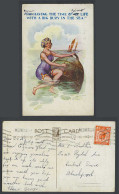 Delcampe - Lady I'm Having The Time Of My Life With A Big Buoy In The Sea 1929 Old Postcard - Comics