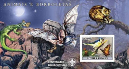 Delcampe - S. Tomè 2007, Animals, Butterfly, Bird, Lizard, Bat, Scout, BF IMPERFORATED - Schmetterlinge