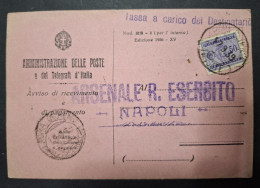 Delcampe - A405. Napoli. 1939. Avviso Di Ricevimento Da NAPOLI ZONA FRANCA. ARSENALE DELL'ESERCITO NAPOLI. Tassazione - Strafport