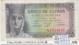 Delcampe - CRJ1036 BILLETE ESPAÑA 5 PESETAS 1943 SERIE G P-127a EBC+ - 5 Pesetas