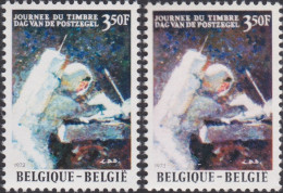 Delcampe - Belgique 1972 COB 1622. Curiosité : Fonds Bleu-noir Et Bleu-rouge. Journée Du Timbre, Alunissage - Europa