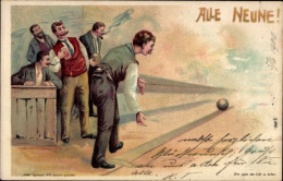 Delcampe - Lithographie Alle Neune, Gruppe Von Männern Beim Kegeln - Sonstige & Ohne Zuordnung