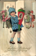 Delcampe - Artiste CPA Baumgarten, Fritz, Glückwunsch Zum Ersten Schulgang, Mädchen Mit Zuckertüte, Schulranzen - Sonstige & Ohne Zuordnung