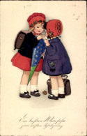 Delcampe - Artiste CPA Baumgarten, Fritz, Glückwunsch Einschulung, Mädchen Mit Schultüten - Children's School Start