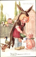Delcampe - Artiste Lithographie Mauzan, Mädchen In Esel-Kostüm Füttert Schweine - Sonstige & Ohne Zuordnung