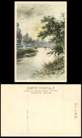 Delcampe - Japan Old Hand Tinted Genuine Painted Postcard River Scene Bridge Boat Moon Huts - Altri & Non Classificati