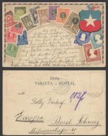 Delcampe - Chile Montage Vintage Stamps Coat Of Arms Illus Stamp Card Old Embossed Postcard - Chile