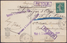 Delcampe - CP Affr. Semeuse 5c Vert Càd SAVIGNY-S/-ORGE /16-7-1910 Pour "Presse Luxembourgeoise" à ARLON Mal Dirigée - Griffes "Inc - 1907-24 Ecusson
