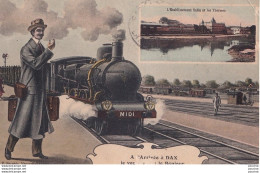 Delcampe - L16-40) DAX - A  L ' ARRIVEE - JE VOUS ENVOI LE BONJOUR - TRAIN - VOYAGEUR - ETS SALIN ET THERMES - 1919 - ( 2 SCANS ) - Dax