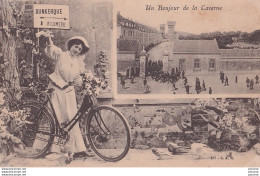 Delcampe - L39-59) DUNKERQUE - UN BONJOUR CASERNE - FEMME AVEC  VELOCIPEDE  - ( 2 SCANS ) - Dunkerque
