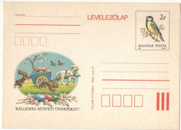 Delcampe - EASTER, BUNNIES, LAMB, CART WITH EGGS, BLOSSOM BRANCHES, GREAT TIT BIRD,  STATIONERY POSTCARD, 1986, HUNGARY; - Pâques