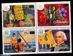 Delcampe - Aitutaki 1985 OHMS 4v [+], Mint NH, History - Nature - Transport - Various - Explorers - Fruit - Ships And Boats - Maps - Explorateurs