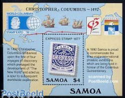 Delcampe - Samoa 1992 Columbus S/s, Mint NH, History - Transport - Explorers - Philately - Stamps On Stamps - Ships And Boats - Explorateurs