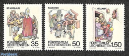 Delcampe - Liechtenstein 1990 Winter Folklore 3v, Mint NH, Nature - Religion - Various - Dogs - Saint Nicholas - Folklore - Toys .. - Neufs
