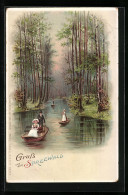Delcampe - Lithographie Spreewälder In Tracht Beim Kanufahren, Mondschein Reflektiert Auf Dem Wasser - Kostums