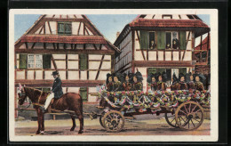 Delcampe - AK Ein Pferdewagen Voll Von Damen In Elsass-lothringischer Tracht - Kostums