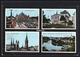 Delcampe - AK Halle A. S., Hauptbahnhof, Stadtheater Und Marktplatz - Theater