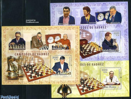 Delcampe - Guinea Bissau 2006 Chess Champions 3 S/s, Mint NH, Nature - Sport - Cats - Horses - Chess - Echecs