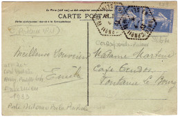Delcampe - SEMEUSE 10C OUTREMER PAIRE CARTE BRUNVILLE SEINE INFERIEURE CACHET HEX PERLE ENVERMEU C.P. N°11 1933 - Manual Postmarks