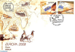 Delcampe - Serbia 2008 Europa, The Letter 2v, First Day Cover, History - Europa (cept) - Post - Stamps On Stamps - Poste