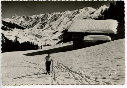 Delcampe - CPSM Dentelée 10.5 X 15 Haute Savoie LA CLUSAZ La Chaîne Des Aravis Vue Dans La Montée à Beauregard   Skieur Chalet - La Clusaz