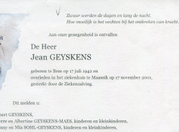 Delcampe - Rouw - Bidprentje GEYSKENS Jean Geboren Te Bree 17/7/1942 + 17/11/2001 Maaseik - Devotieprenten