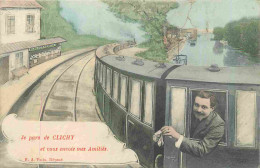 Delcampe - Carte Postale Ancienne - 92 - Clichy - Je Pars De Clichy Et Vous Envoie Mes Amitiés - Animée - Trains - CPA - Etat Arrac - Clichy