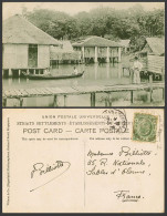 Delcampe - Singapore Straits KE7 1c 1909 Old Postcard Malay Houses On Stilts, Bridge & Boat - Non Classés