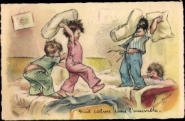Delcampe - Artiste CPA Bouret, G., Kinder, Kissenschlacht, Betten - Sonstige & Ohne Zuordnung