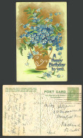 Delcampe - Happy Birthday To You Greetings 1909 Old Embossed Postcard Blue Flower Gold Vase - Blumen