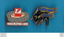 Delcampe - 2 PIN'S  //   ** LÀ FERIA '92 / MIDI LIBRE &. NIMES-MATIN ** - Feria