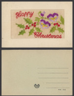 Delcampe - WW1 SILK Embroidered Old Postcard Happy Christmas Holly Pansy Flowers Pansies PR - Non Classés