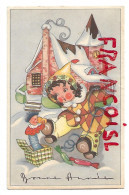 Delcampe - Petite Fille En Costume Arlequin, Jouet à Ressort, Bonbons, Chaumière Enneigée:" Bonne Année " - Kinder-Zeichnungen
