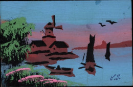 Delcampe - Handgemalt CPA Landschaft Mit Windmühle Und Gewässer, Boote - Sonstige & Ohne Zuordnung