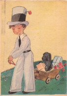 Delcampe - Children Boy In White Costume Pulls Gift And Dog Cart Postcard B817 - Sonstige & Ohne Zuordnung