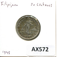 Delcampe - 20 CENTAVOS 1945 PHILIPPINES ARGENT Pièce #AX572 - Philippines